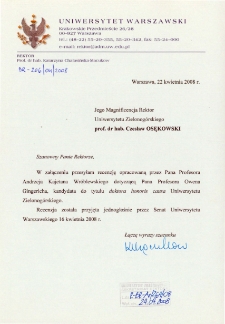 Pismo Rektora Uniwersytetu Warszawskiego w sprawie zaopiniowania przez Senat UW recenzji kandydatury prof. Owena Gingericha do tytułu doktora honoris causa Uniwersytetu Zielonogórskiego
