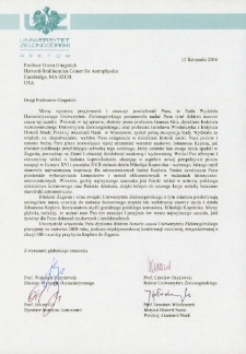 List Rektora Uniwersytetu Zielonog&oacute;rskiego do prof. Owena Gingericha zawiadamiający o nadaniu Mu przez Radę Wydziału Humanistycznego Uniwersytetu Zielonog&oacute;rskiego tytułu doktora honoris causa
