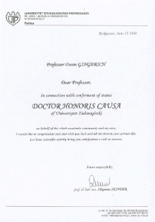 List gratulacyjny prof. Józefa Skindera do profesora Owena Gingericha