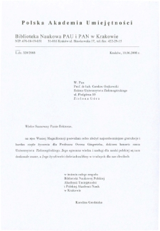 List gratulacyjny dr Karoliny Grodziskiej do profesora Czesława Osękowskiego