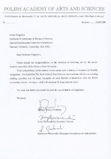List gratulacyjny prof. Andrzeja Białasa, prof. Jerzego Wyrozumskiego i prof. Kazimierza Grotowskiego do profesora Owena Gingericha