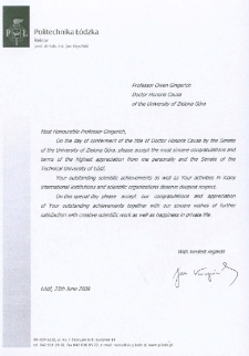 List gratulacyjny prof. Jana Krysińskiego do profesora Owena Gingericha