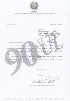 List gratulacyjny ks. prof. Stanisława Wilka do profesora Owena Gingericha