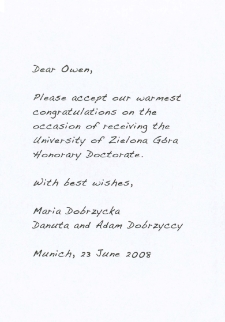 List gratulacyjny Danuty i Adama Dobrzyckichi do profesora Owena Gingericha