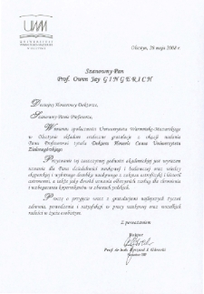 List gratulacyjny prof. Ryszarda G&oacute;reckiego do profesora Owena Gingericha