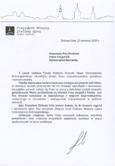 List gratulacyjny Janusza Kubickiego do profesora Owena Gingericha