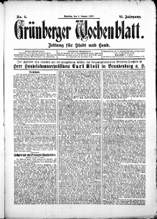 Grünberger Wochenblatt: Zeitung für Stadt und Land, No. 4. (8. Januar 1907)