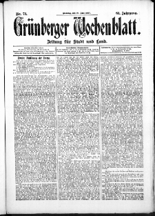 Grünberger Wochenblatt: Zeitung für Stadt und Land, No. 73. (18. Juni 1907)