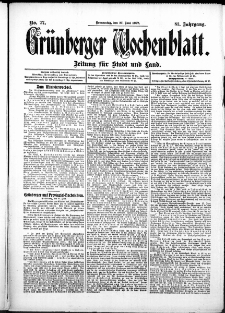 Grünberger Wochenblatt: Zeitung für Stadt und Land, No. 77. (27. Juni 1907)