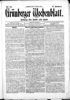 Grünberger Wochenblatt: Zeitung für Stadt und Land, No. 111. (14. September 1907)