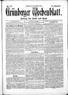 Grünberger Wochenblatt: Zeitung für Stadt und Land, No. 117. (28. September 1907)