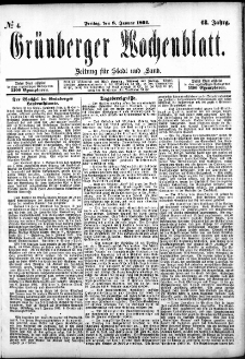 Grünberger Wochenblatt: Zeitung für Stadt und Land, No. 4. (8. Januar 1892)