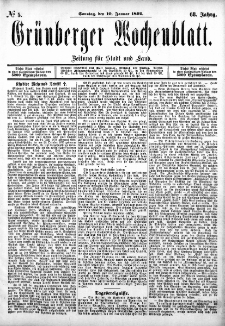 Grünberger Wochenblatt: Zeitung für Stadt und Land, No. 5. (10. Januar 1892)