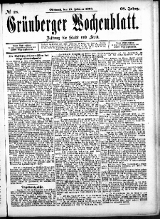 Grünberger Wochenblatt: Zeitung für Stadt und Land, No. 18. (10. Februar 1892)