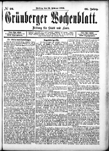 Grünberger Wochenblatt: Zeitung für Stadt und Land, No. 22. (19. Februar 1892)