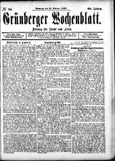 Grünberger Wochenblatt: Zeitung für Stadt und Land, No. 23. (21. Februar 1892)