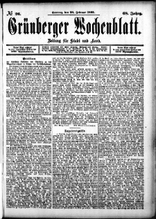 Grünberger Wochenblatt: Zeitung für Stadt und Land, No. 26. (28. Februar 1892)