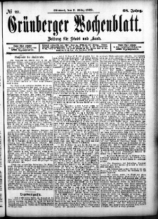 Grünberger Wochenblatt: Zeitung für Stadt und Land, No. 27. (2. März 1892)