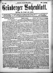 Grünberger Wochenblatt: Zeitung für Stadt und Land, No. 32. (13. März 1892)