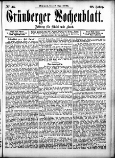 Grünberger Wochenblatt: Zeitung für Stadt und Land, No. 45. (13. April 1892)