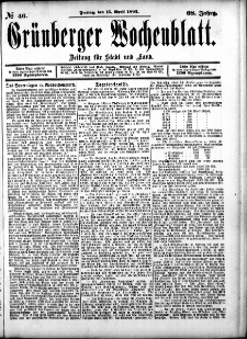 Grünberger Wochenblatt: Zeitung für Stadt und Land, No. 46. (15. April 1892)