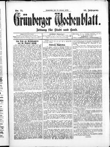 Grünberger Wochenblatt: Zeitung für Stadt und Land, No. 22. ( 20. Februar 1909 )