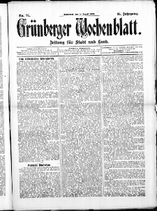 Grünberger Wochenblatt: Zeitung für Stadt und Land, No. 97. ( 14. August 1909 )