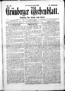 Grünberger Wochenblatt: Zeitung für Stadt und Land, No. 99. ( 19. August 1909 )