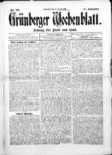 Grünberger Wochenblatt: Zeitung für Stadt und Land, No. 100. ( 21. August 1909 )