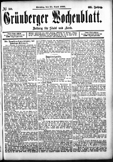 Grünberger Wochenblatt: Zeitung für Stadt und Land, No. 50. (24. April 1892)