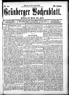 Grünberger Wochenblatt: Zeitung für Stadt und Land, No. 70. (10. Juni 1892)