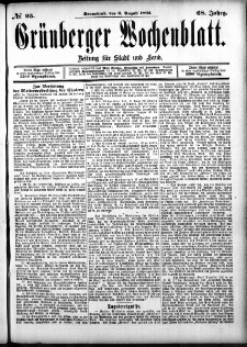 Grünberger Wochenblatt: Zeitung für Stadt und Land, No. 95. (6. August 1892)