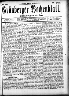 Grünberger Wochenblatt: Zeitung für Stadt und Land, No. 102. (23. August 1892)