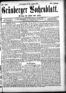 Grünberger Wochenblatt: Zeitung für Stadt und Land, No. 103. (25. August 1892)