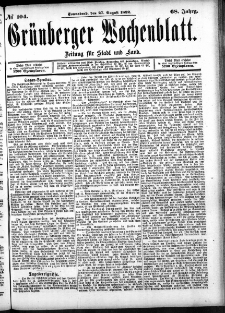 Grünberger Wochenblatt: Zeitung für Stadt und Land, No. 104. (27. August 1892)