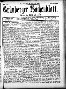 Grünberger Wochenblatt: Zeitung für Stadt und Land, No. 113. (17. September 1892)