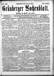 Grünberger Wochenblatt: Zeitung für Stadt und Land, No. 139. (17. November 1892)