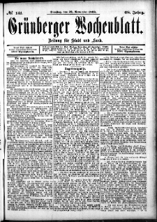 Grünberger Wochenblatt: Zeitung für Stadt und Land, No. 141. (22. November 1892)