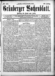 Grünberger Wochenblatt: Zeitung für Stadt und Land, No. 144. (29. November 1892)