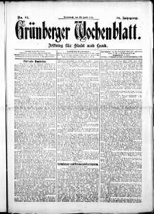 Grünberger Wochenblatt: Zeitung für Stadt und Land, No. 44. ( 13. April 1912 )