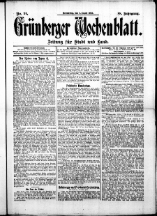 Grünberger Wochenblatt: Zeitung für Stadt und Land, No. 91. ( 1. August 1912 )
