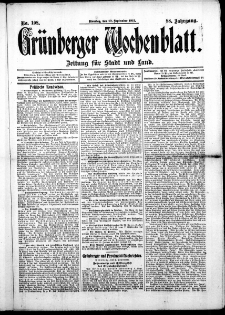 Grünberger Wochenblatt: Zeitung für Stadt und Land, No. 108. ( 10. September 1912 )