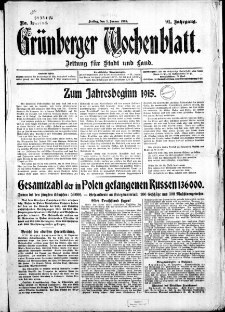 Grünberger Wochenblatt: Zeitung für Stadt und Land, No. 1. ( 1. Januar 1915 )