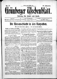 Grünberger Wochenblatt: Zeitung für Stadt und Land, No. 72. ( 26. März 1915 )
