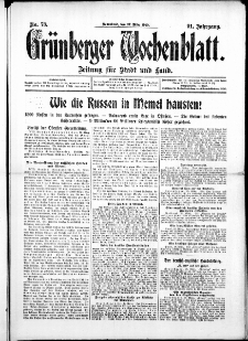 Grünberger Wochenblatt: Zeitung für Stadt und Land, No. 73. ( 27. März 1915 )