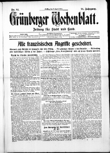 Grünberger Wochenblatt: Zeitung für Stadt und Land, No. 82. ( 9. April 1915 )