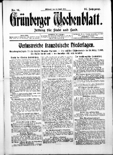 Grünberger Wochenblatt: Zeitung für Stadt und Land, No. 86. ( 14. April 1915 )