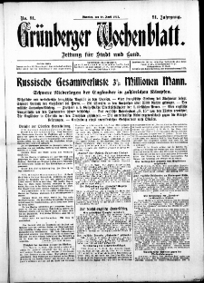 Grünberger Wochenblatt: Zeitung für Stadt und Land, No. 91. ( 20. April 1915 )