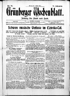 Grünberger Wochenblatt: Zeitung für Stadt und Land, No. 94. ( 23. April 1915 )