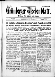 Grünberger Wochenblatt: Zeitung für Stadt und Land, No. 108. ( 9. Mai 1915 )